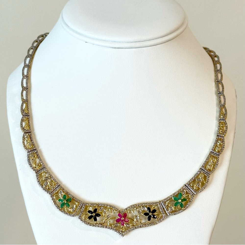 Vintage FAS THAI 925 Sterling Silver Gold Vermeil Jade Sapphire Diamonds Floral
